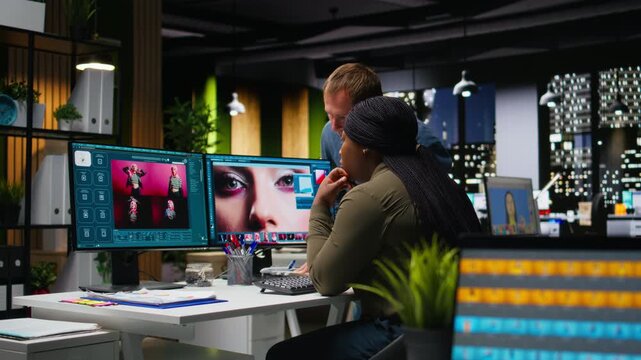 Two photo editors using AI tools and program for retouching and generating content, professional images for creative industry. Diverse photographers editing materials, text to image. Camera A.