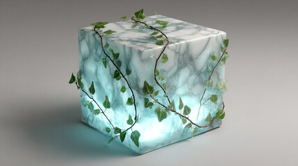 A floating vine wraps around a glowing cube, symbolizing the fusion of nature and technology, growth intertwined with energy, and the harmony of organic and digital forms.

