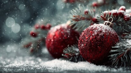 Seasonal charm: vibrant red baubles and snow-kissed fir. Lifestyle shot. Serene holiday display: red decorations in a snowy setting. Advertising photo. Studio portrait.