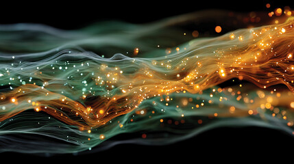 A flowing stream of digital particles forms a dynamic data current, symbolizing information transfer, connectivity, technology, and the abstract energy of modern networks.

