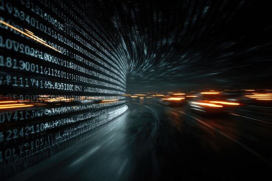 Data tunnel effect with blurred light streaks creating a digital flow - Powered by Adobe