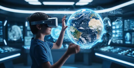 A kid boy learns online using futuristic technology. The concept of the integration of advanced digital tools in education, and learning experiences for the future generation. Generative AI. - Powered by Adobe