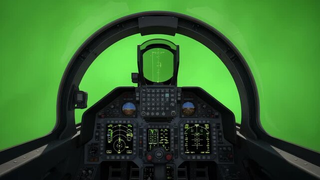Inside the cockpit of a fighter jet with a green screen background perfect for visual effects and