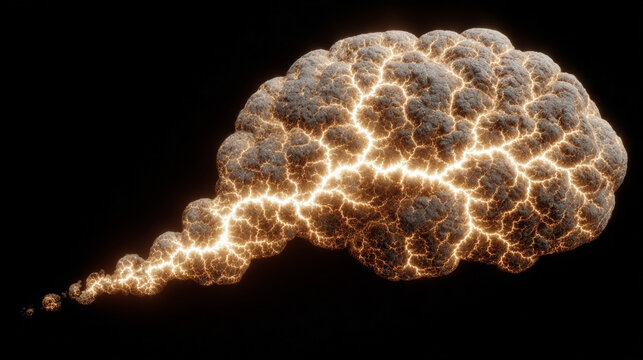 A glowing AI thought bubble formed from swirling fractal dust—luminous particles spiraling into a soft, intricate cloud of intelligence and energy.