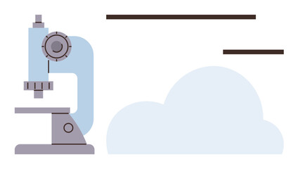 Laboratory microscope with minimalist details beside a cloud-thumbs up form. Ideal for science, innovation, technology, education, data analysis, research, and discovery. A simple flat metaphor