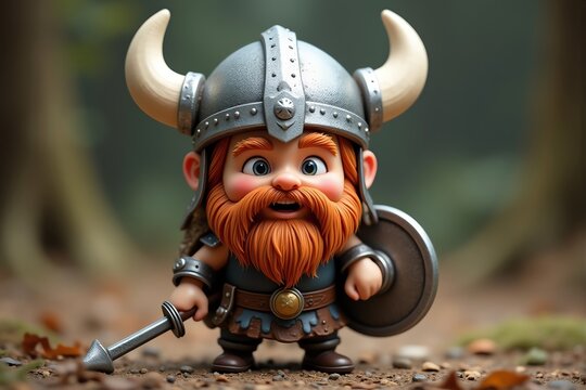 Cute cartoon dwarf warrior with red beard and helmet, holding sword and shield, in forest.