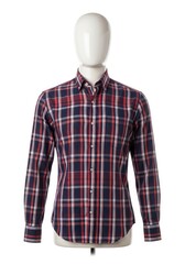 A white headless mannequin displays a long-sleeved plaid shirt with navy red and white checks featuring a button-down collar and front buttons on a white background