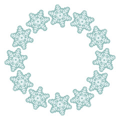 Vector illustration of cute snowflakes arranged in a circular frame. Winter holiday design, Christmas decoration, snowflake wreath, isolated on white background, perfect for greeting cards and prints