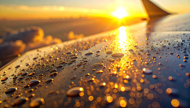Airplane wing at Sunset: Capturing a dramatic shot of an airplane wing glistening with raindrops against the backdrop of a vibrant sunset - Powered by Adobe