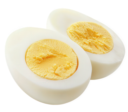 Two halves of a hardboiled egg isolated on transparent background, showcasing the creamy yolk and firm white, a nutritious and versatile food for breakfast, snacks, and salads