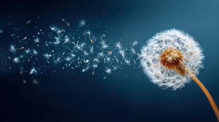 A close-up shot of a dandelion releasing seeds against a deep blue, gradient backdrop