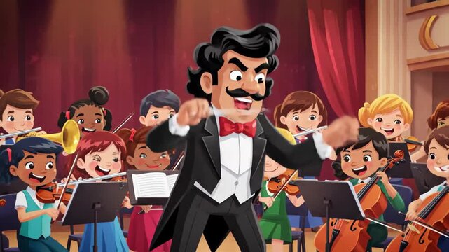 Cartoon orchestra conductor directing young musicians playing instruments on stage