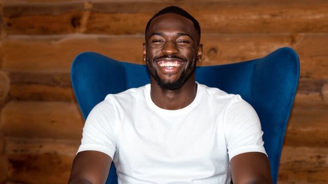 A joyful black man with a beard and diamond earrings beams with a big smile while sitting relaxed in a blue velvet chair against a rustic wooden log cabin wall