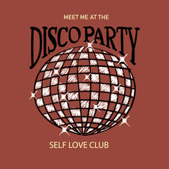 Hand drawn Cowboy print with cherry disco balls.n Vintage, preppy wall art with disco mirror ball. Vector illustration for t shirt print, poster, phone case, postcard etc.