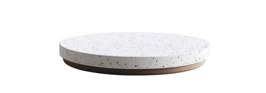 Round terrazzo platform with brown base isolated on transparent background, highlighting the contrast between the speckled surface and the earthy foundation