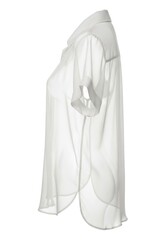 A white sheer short-sleeved collared blouse on a white background viewed from the side featuring a curved hemline and translucent fabric