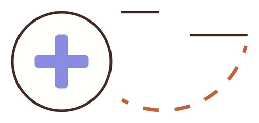 Obraz premium Purple medical cross inside a circle surrounded by brown dashed curves and lines. Ideal for healthcare, medical services, treatment, holistic care, wellness balance, connection, simple flat metaphor