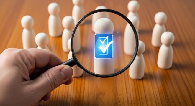 Employee Selection and Review: Magnifying Glass Highlighting Wooden Peg Figure with a Digital Checklist for Human Resources Management and Candidate Evaluation
