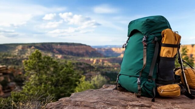 Large green hiking backpack on a rocky cliff overlooking a vast mountain range under a blue sky