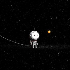 Stick figure astronaut floating in space, tethered to a spaceship, staring at a nearby planet. Wide eyes showing amazement. Minimalist space scene with solid black sky and bright planet. --s 250