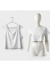 A white tank top hangs on a metal hanger next to a white crop top displayed on a headless mannequin torso against a bright white background
