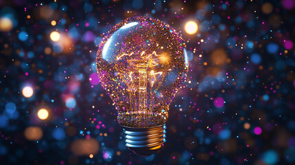 Light bulb made of pixels with floating ideas around symbolizing innovation creativity brainstorming digital thinking and conceptual visualization of imagination and modern idea generation