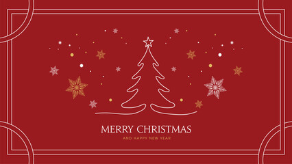 Luxury red and gold christmas card template vector, minimalist line art christmas tree and snowflakes frame design.