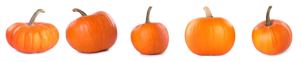 Fresh ripe pumpkins isolated on white, set