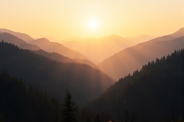 Obraz premium Golden mountain sunset, ethereal light rays, serene alpine landscape, peaceful wilderness, nature's beauty.