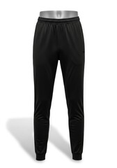 Black athletic trousers with an elastic waistband and ribbed cuffs are displayed on a mannequin against a white background casting a shadow