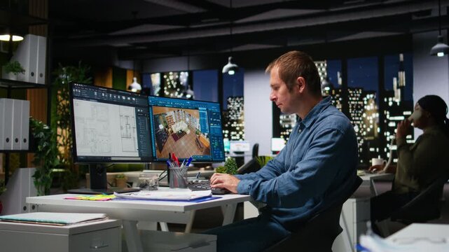 Expert designer decorating apartment floor plan using blueprints on pc, using architectural software to configure elements. Focused man uses interface to enable rendering and 3D modeling. Camera A.