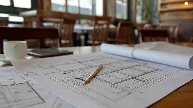 Architectural plans on a table in a restaurant