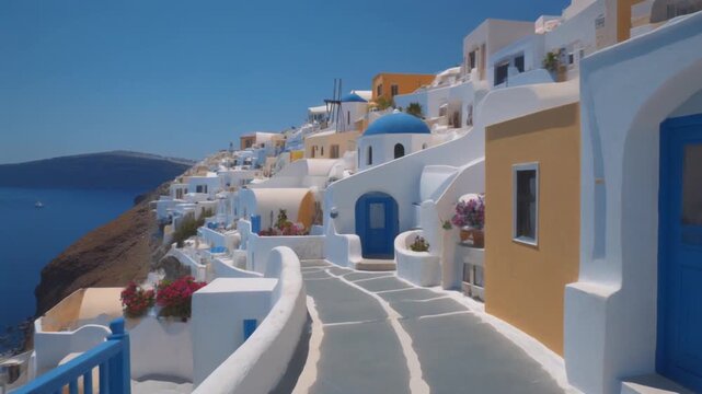A vibrant street in Santorini with iconic white and blue architecture