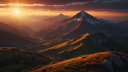 Fototapeta premium Majestic mountain range bathed in warm golden sunset light, creating dramatic shadows and a serene, inspiring atmosphere.