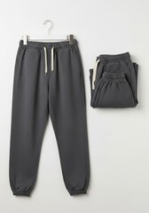 Dark grey jogger pants one hanging on a white hanger another neatly folded featuring an elastic waistband and off-white drawstrings