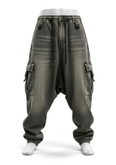 Dark grey wash baggy cargo pants on a white mannequin The trousers feature a high elastic waist with a drawstring side flap pockets with buckles and elasticized cuffs