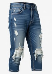 Distressed blue denim jeans featuring extensive rips revealing white threads on both legs along with faded patches and visible stitching presented against a white background