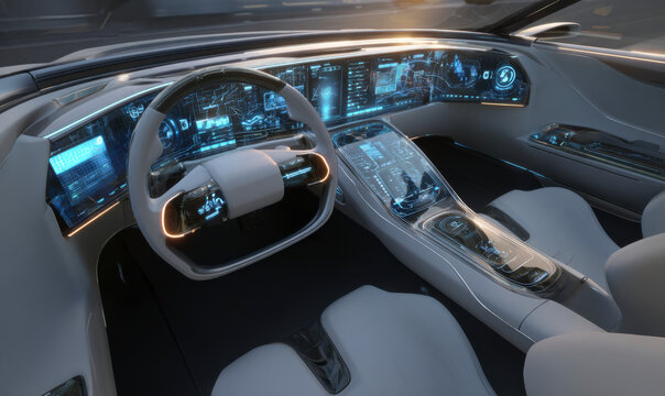 Futuristic car interior featuring digital interfaces and sleek design elements.