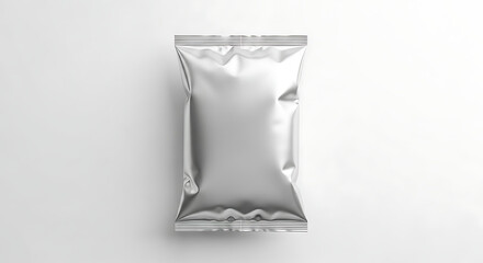 Versatile Silver Foil Packaging Mockup for Branding Snacks or Small Products on a Clean White Surface