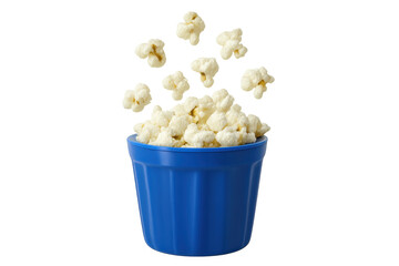 Popcorn flying and falling into a blue bowl, a popular snack for enjoying films, shows, and relaxing moments, on transparent background