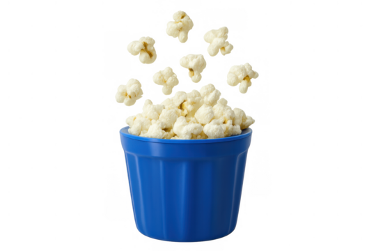 Popcorn flying and falling into a blue bowl, a popular snack for enjoying films, shows, and relaxing moments, on transparent background
