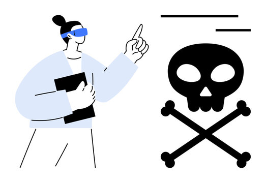 Person wearing VR headset points to large skull and crossbones, emphasizing caution or toxicity. Ideal for tech safety, danger warnings, education, healthcare, science, awareness, and future
