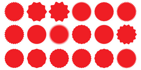 Set of red starburst. Price sticker, sale sticker, price tag, starburst, quality mark, retro stars, sale. Circle sticker set. Wavy edge promo red badges. Star burst shape tags for price. Red sale
