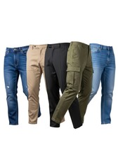 Five distinct pairs of mens pants including denim jeans chino pants dress pants and cargo pants are neatly arranged on a white background