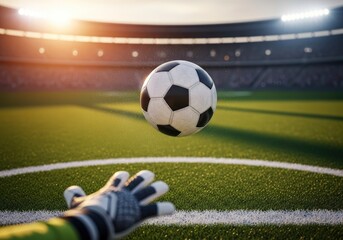 Goalkeepers gloved hand reaches for a soccer ball suspended mid-air above a green field with white lines illuminated by bright stadium lights and a warm glow