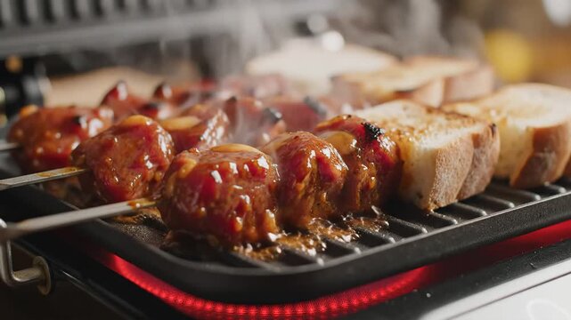 Cooking Delicious Meat Skewers with BBQ Sauce on an Electric Grill.