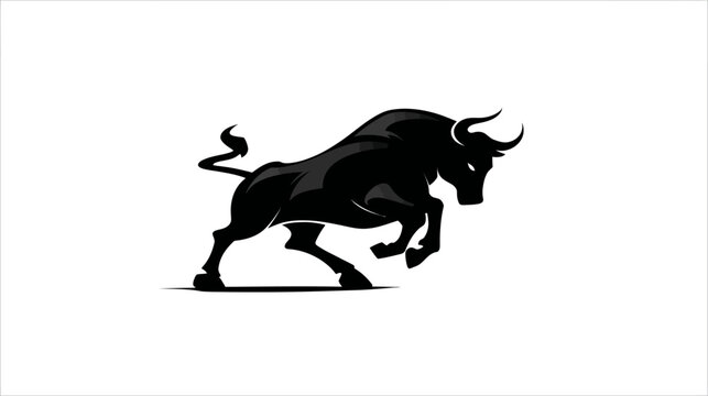 Dynamic black bull illustration in an aggressive, charging pose, powerful horned animal vector graphic, symbolizing strength and determination.