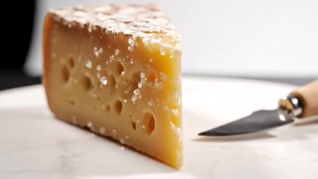 Delicious Cheese Wedge on a Plate with a Knife Close Up Shot.