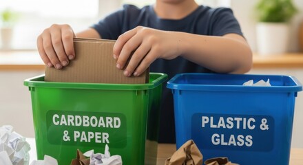 Recycling sorting with child placing cardboard into green container labeled cardboard and paper. Recycling management includes materials separation to reduce waste and manage resources.