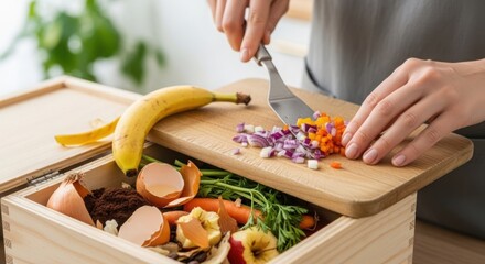 Composting food scraps with a kitchen composter and a knife, preparing food waste for recycling. Composting food scraps is an eco-friendly habit and reduces landfill waste.